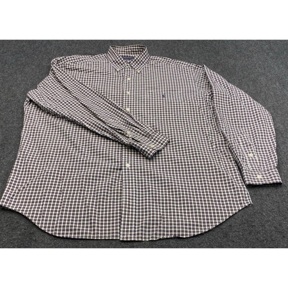 Ralph Lauren Golf Shirt Mens XL Navy Burgundy Gingham Tilden Cotton Button Down